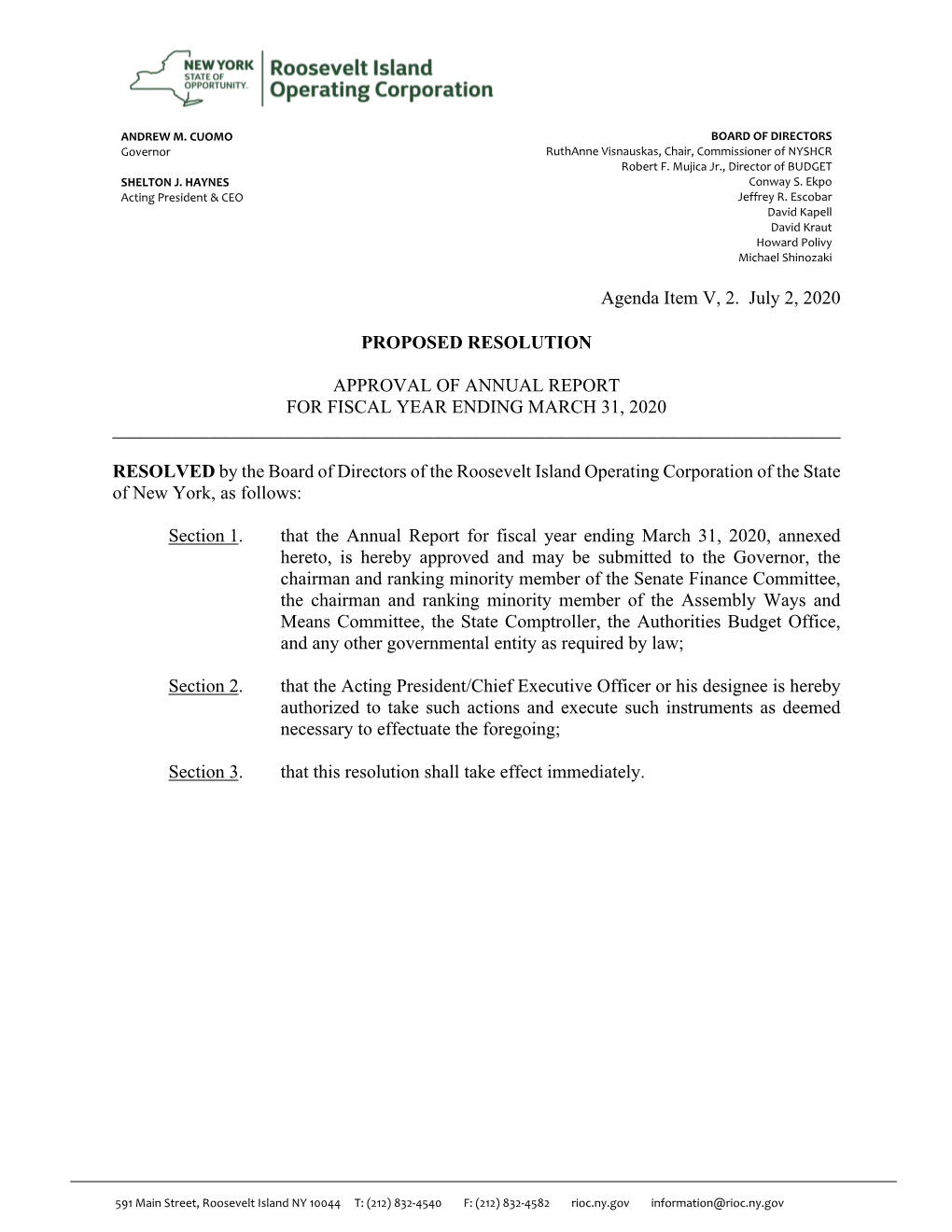 Agenda Item V, 2. July 2, 2020 PROPOSED RESOLUTION APPROVAL of ANNUAL REPORT for FISCAL YEAR ENDING MARCH 31, 2020