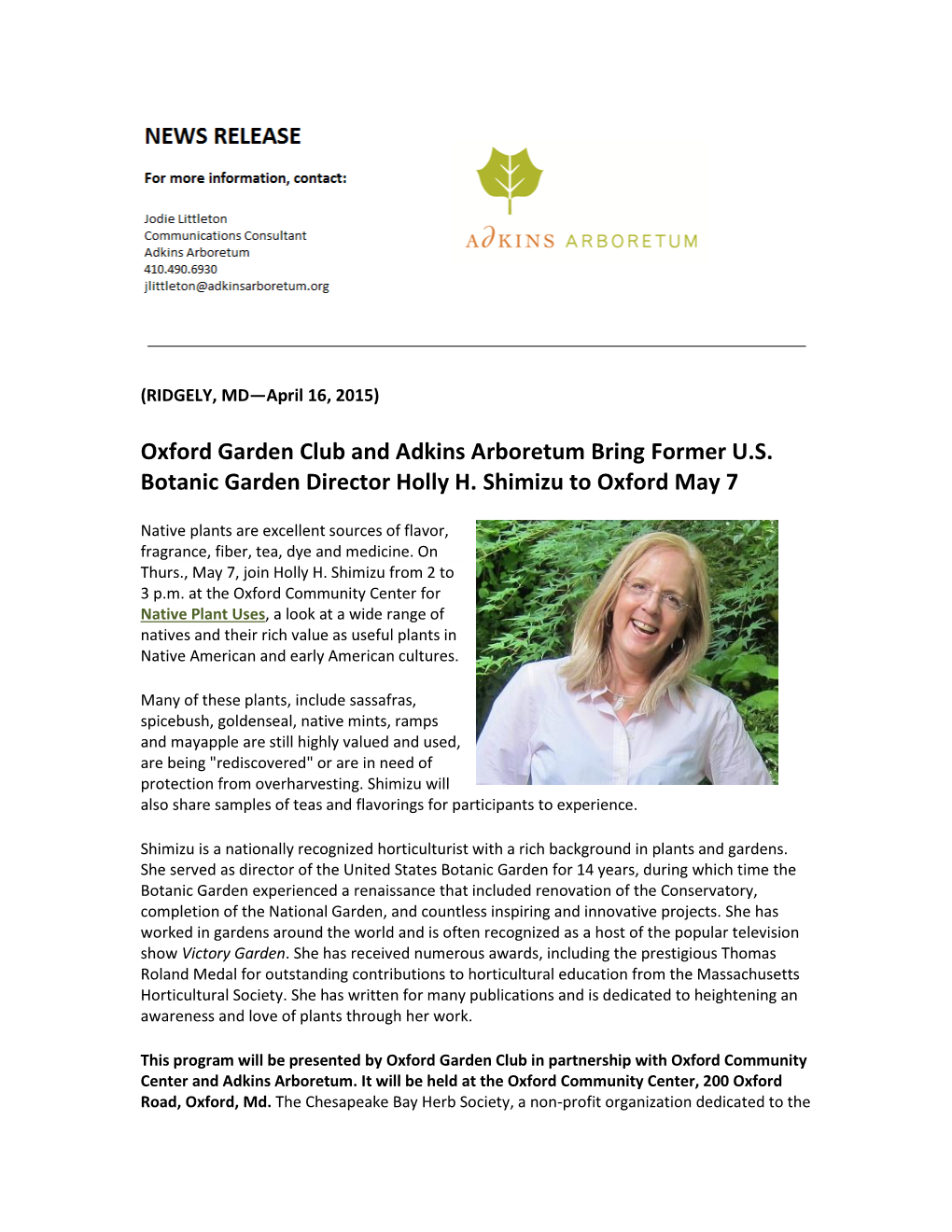 Oxford Garden Club and Adkins Arboretum Bring Former U.S. Botanic Garden Director Holly H