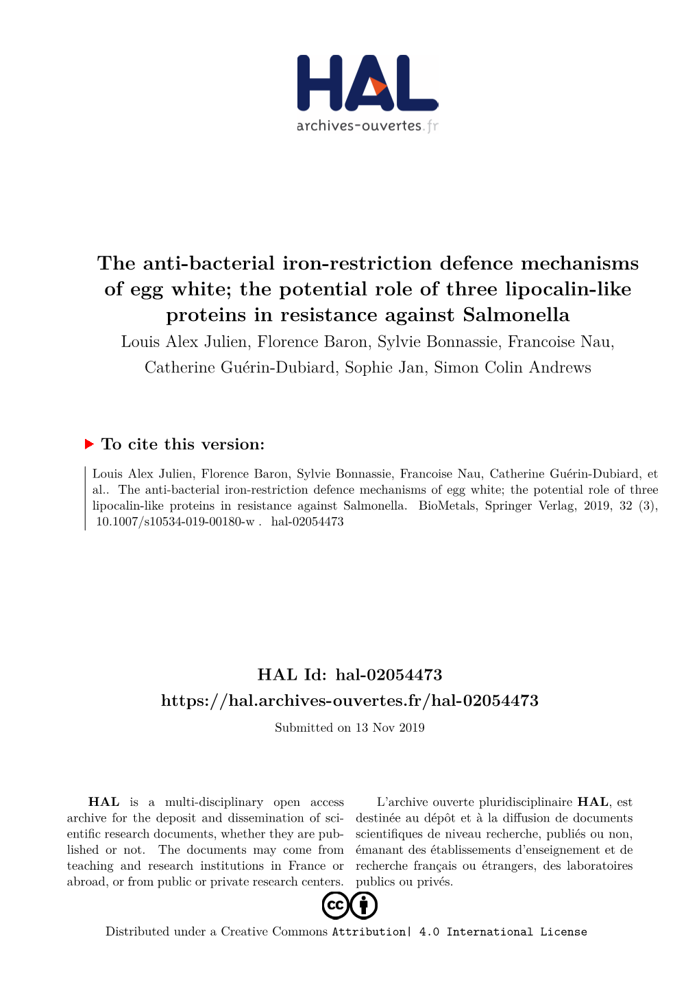 The Anti-Bacterial Iron-Restriction Defence Mechanisms of Egg White