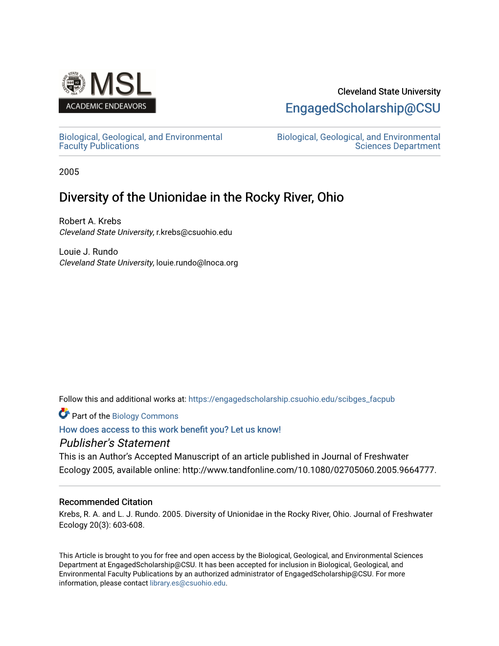 Diversity of the Unionidae in the Rocky River, Ohio