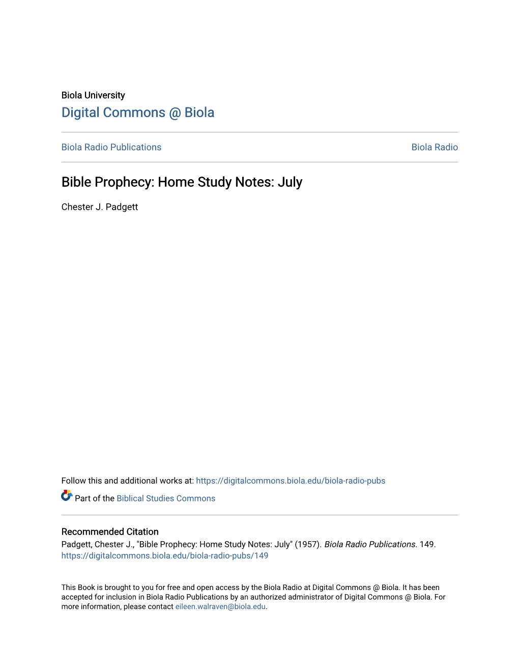 Bible Prophecy: Home Study Notes: July