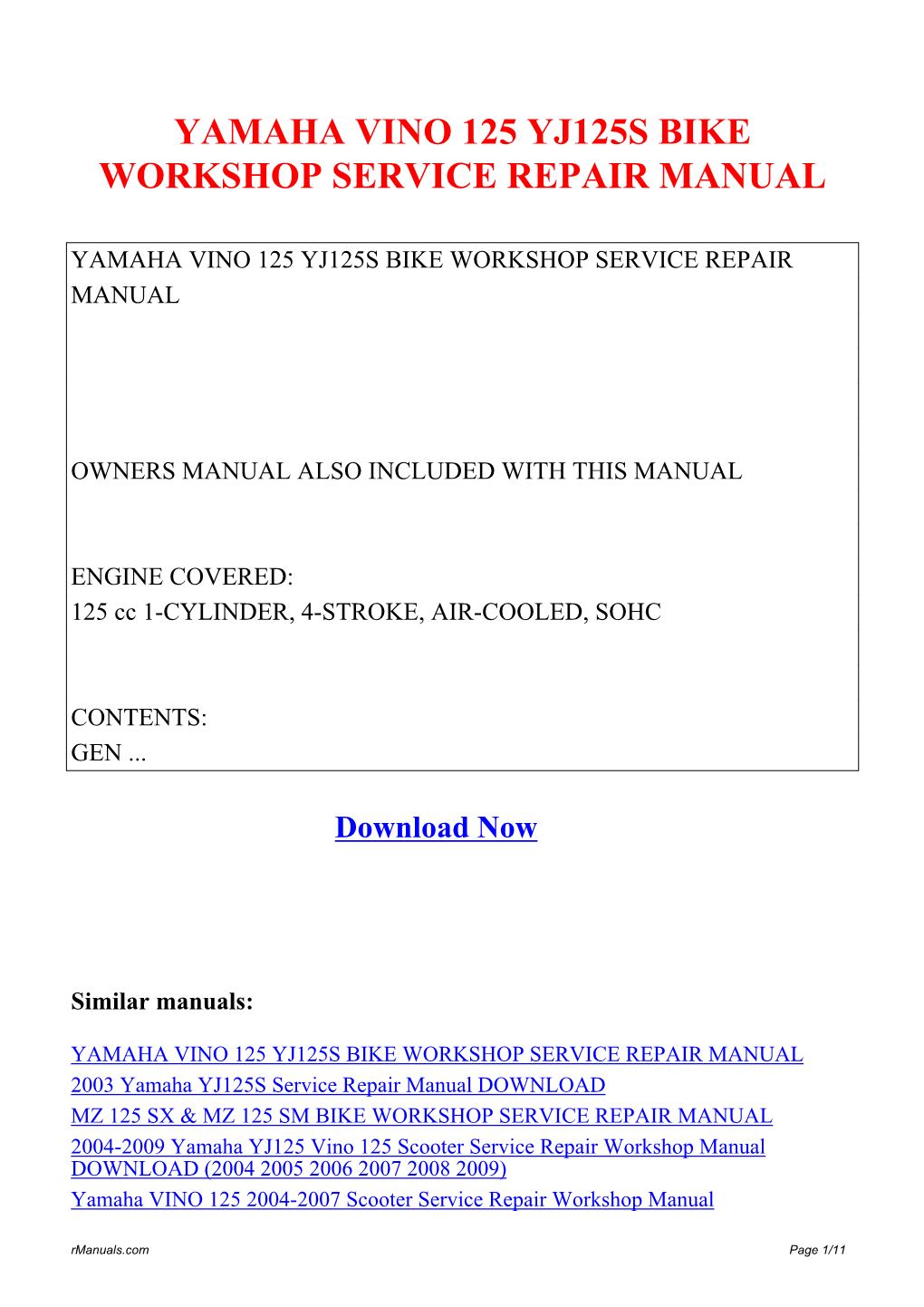 Yamaha Vino 125 Yj125s Bike Workshop Service Repair Manual