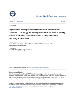 Pollination, Phenology, and Mating in an Endemic Plant of the Sky Islands of Arizona, Erigeron Lemmonii A