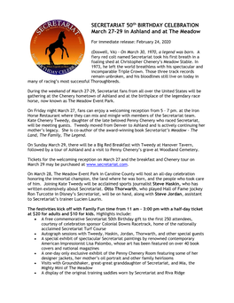 SECRETARIAT 50Th BIRTHDAY CELEBRATION March 27-29 in Ashland and at the Meadow