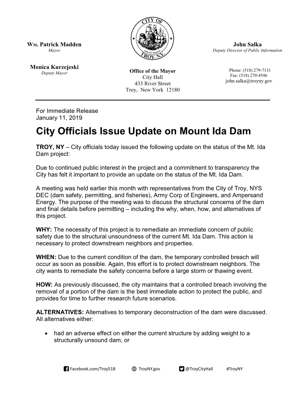 City Officials Issue Update on Mount Ida Dam