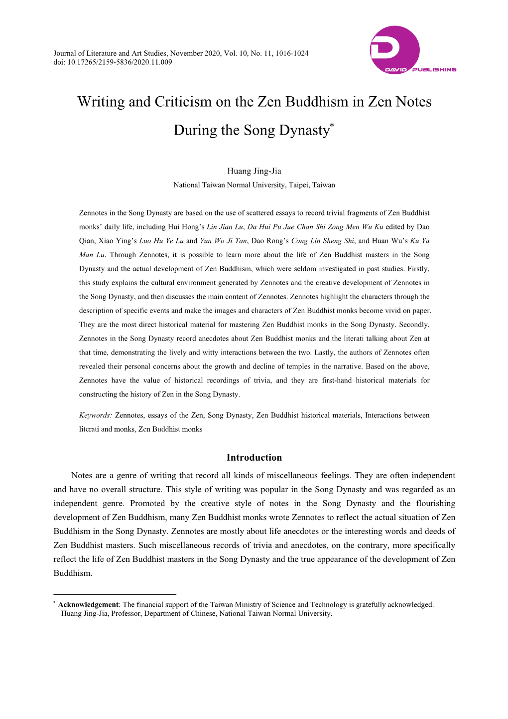 Writing and Criticism on the Zen Buddhism in Zen Notes During the Song Dynasty