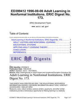 ED399412 1996-00-00 Adult Learning in Nonformal Institutions. ERIC Digest No