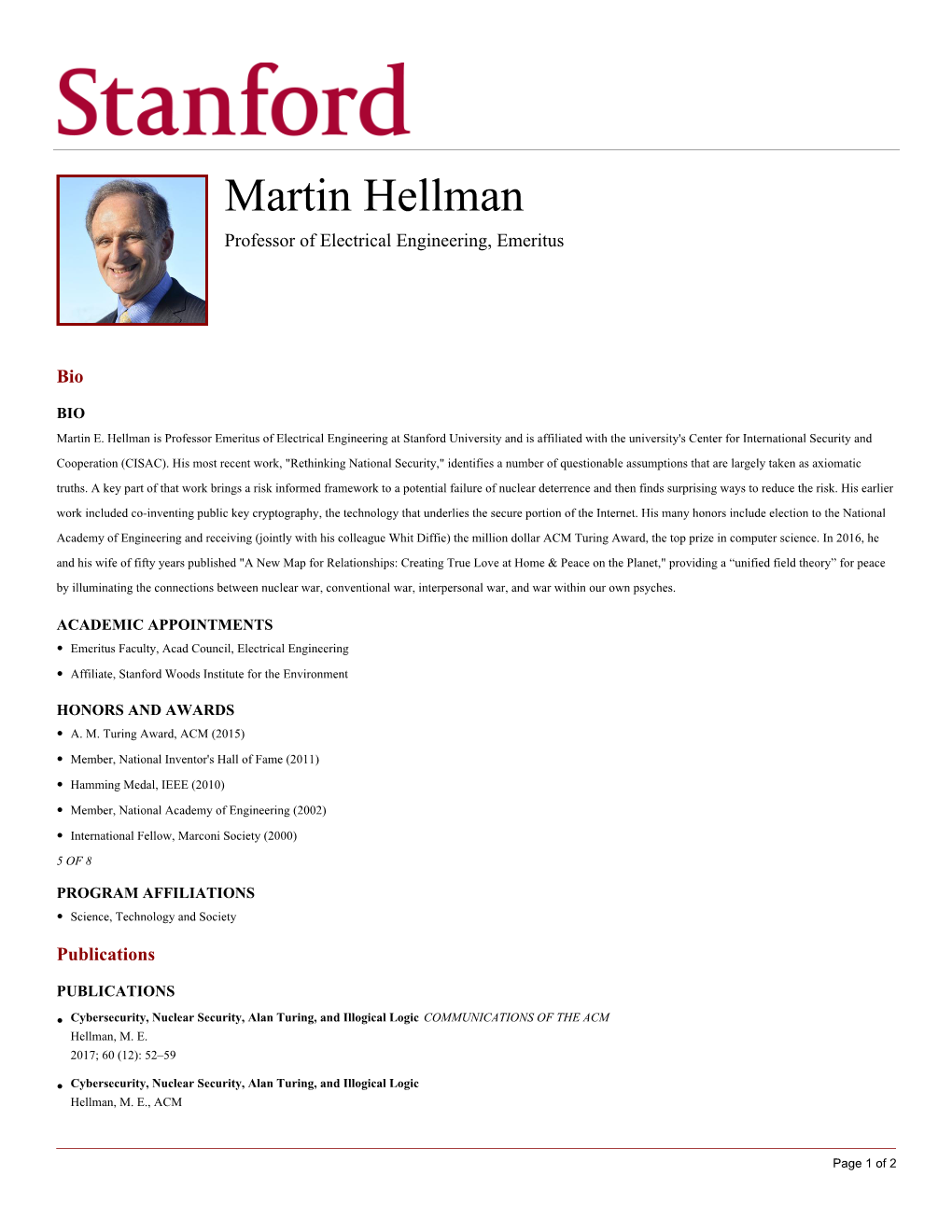 Martin Hellman Professor of Electrical Engineering, Emeritus