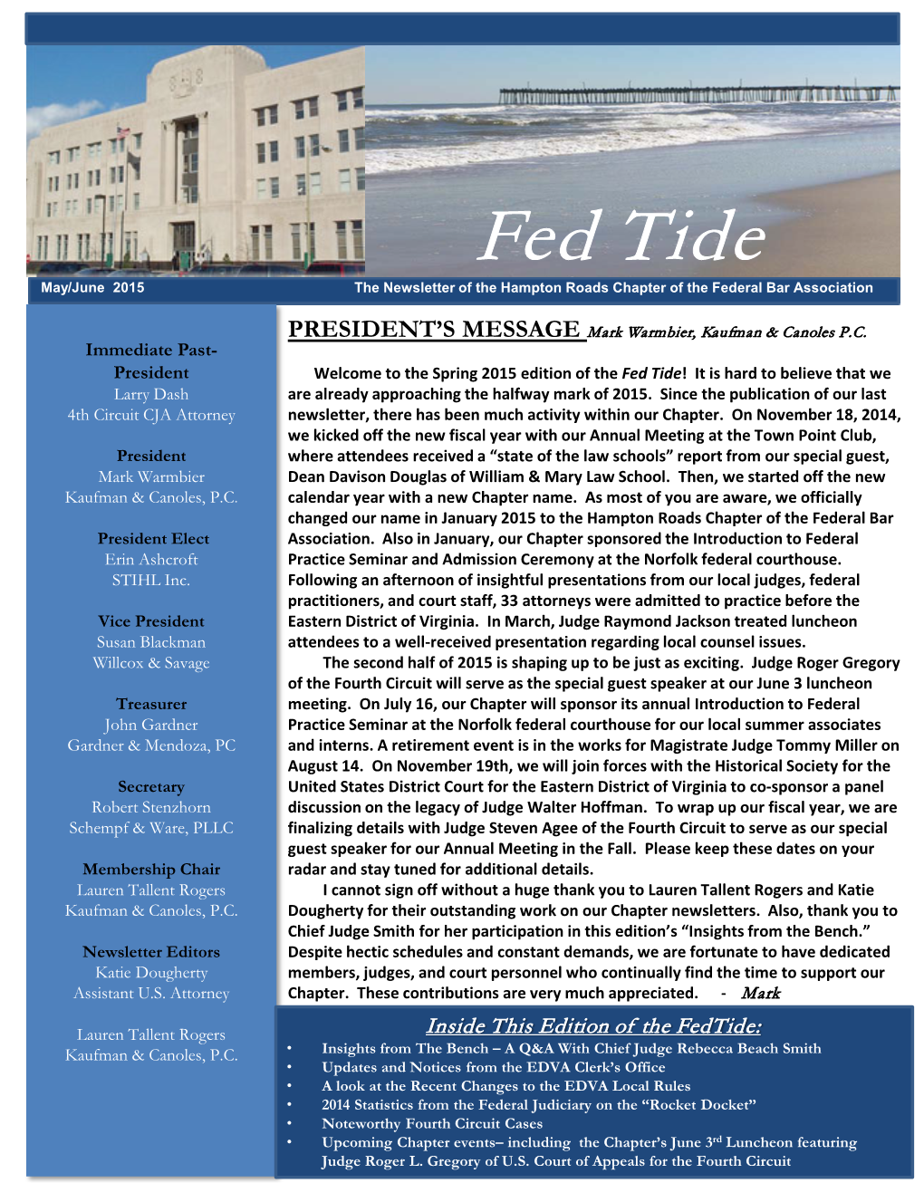 Fed Tide May/June 2015 the Newsletter of the Hampton Roads Chapter of the Federal Bar Association