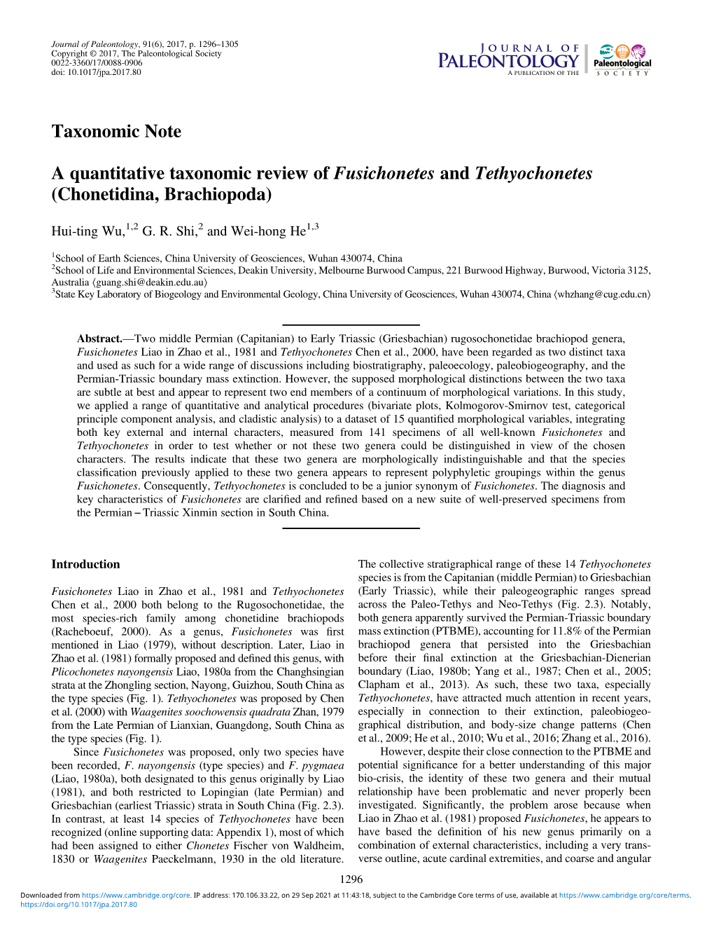 Taxonomic Note a Quantitative Taxonomic Review of Fusichonetes