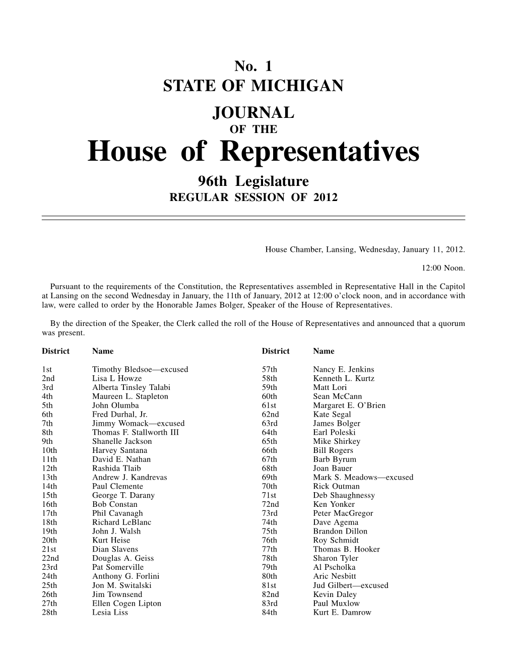 House of Representatives 96Th Legislature REGULAR SESSION of 2012