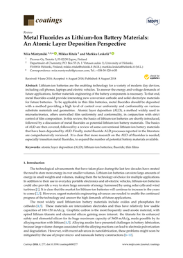 Metal Fluorides As Lithium-Ion Battery Materials: an Atomic Layer Deposition Perspective