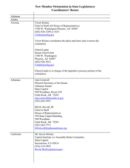 New Member Orientation in State Legislatures Coordinators' Roster