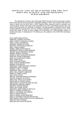 Official List of Qualifiers for the 2015 Dost-Sei Science