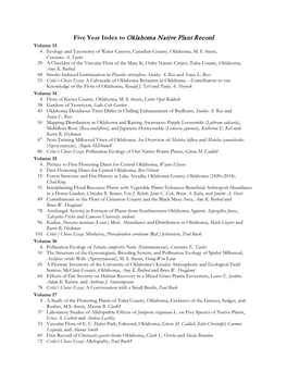 Five Year Index to Oklahoma Native Plant Record Volume 13 4 Ecology and Taxonomy of Water Canyon, Canadian County, Oklahoma, M