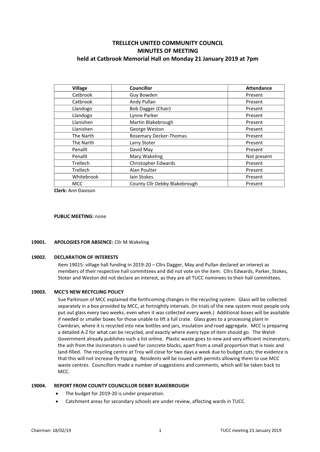 TRELLECH UNITED COMMUNITY COUNCIL MINUTES of MEETING Held at Catbrook Memorial Hall on Monday 21 January 2019 at 7Pm