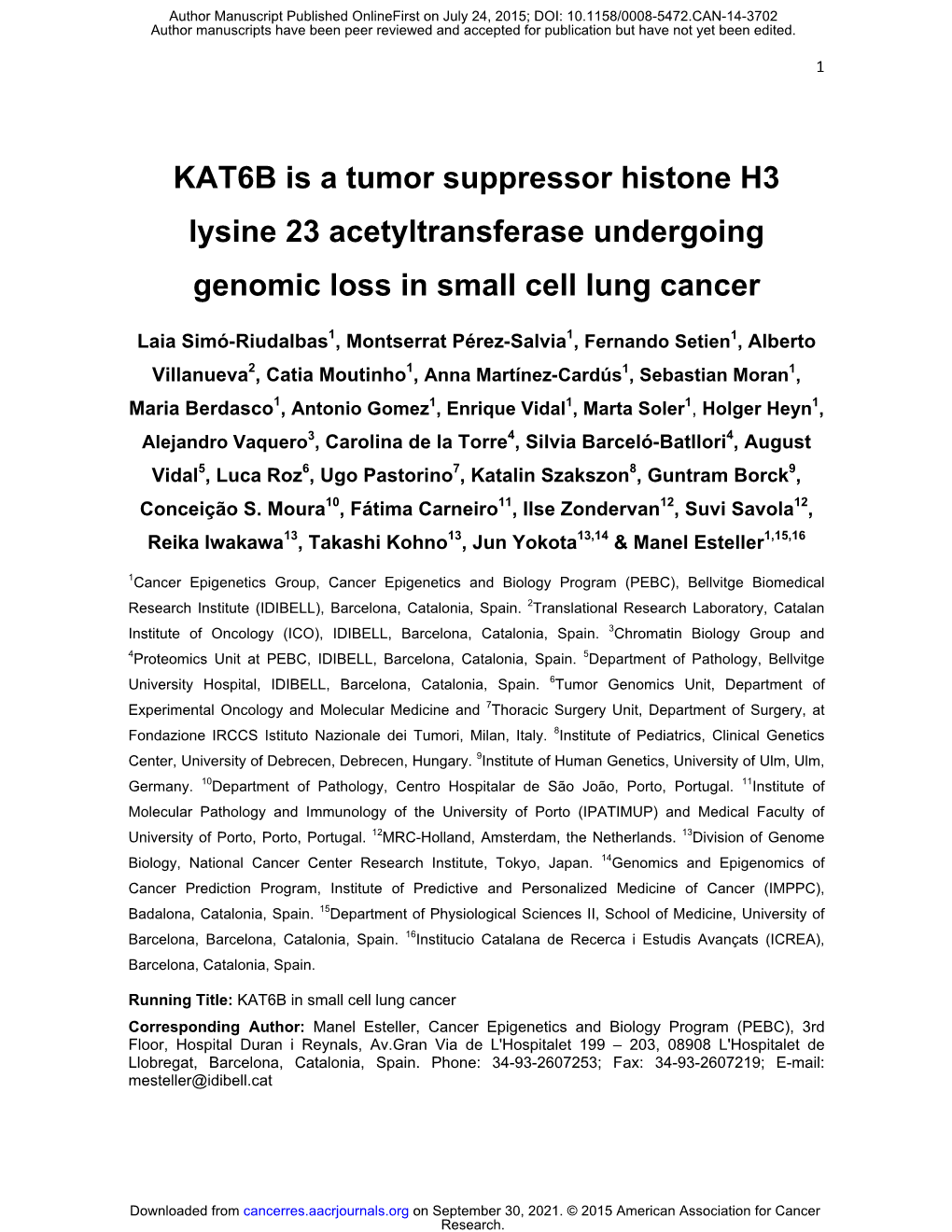 KAT6B Is a Tumor Suppressor Histone H3 Lysine 23 Acetyltransferase Undergoing Genomic Loss in Small Cell Lung Cancer