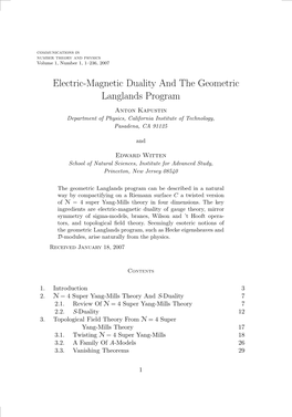 Electric-Magnetic Duality and the Geometric Langlands Program Anton Kapustin Department of Physics, California Institute of Technology, Pasadena, CA 91125