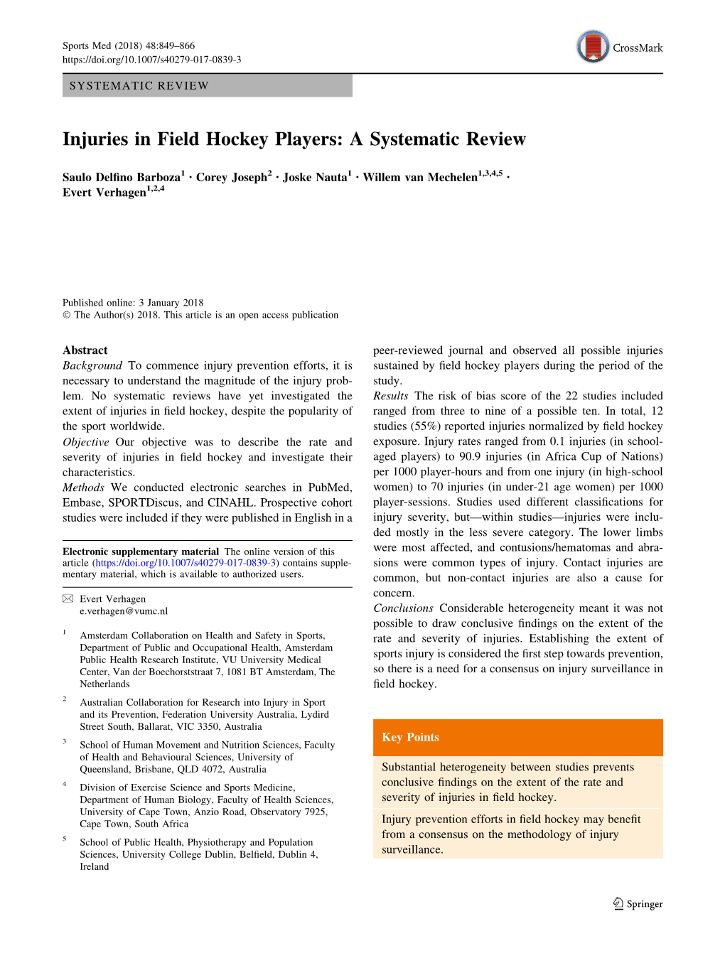 Injuries in Field Hockey Players: a Systematic Review