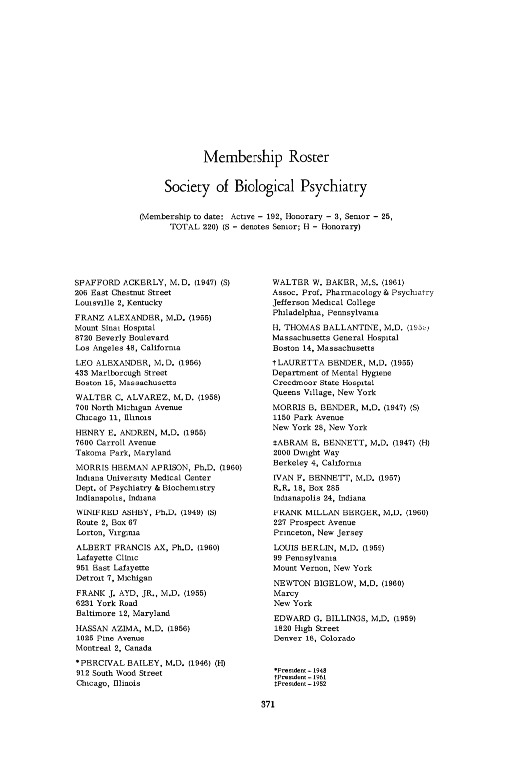 Membership Roster Society of Biological Psychiatry