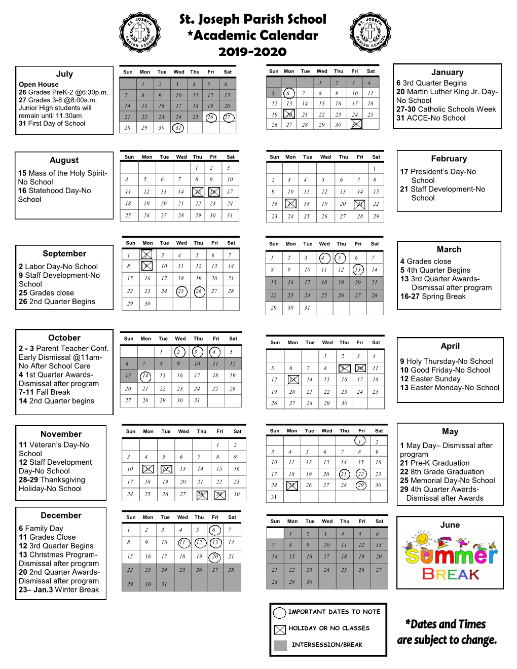 St. Joseph Parish School *Academic Calendar 2019-2020