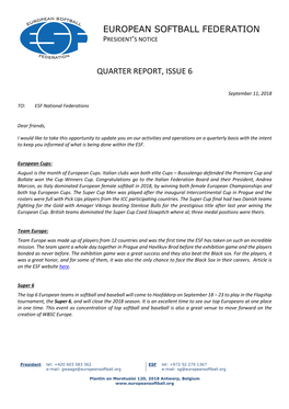 European Softball Federation Quarter Report