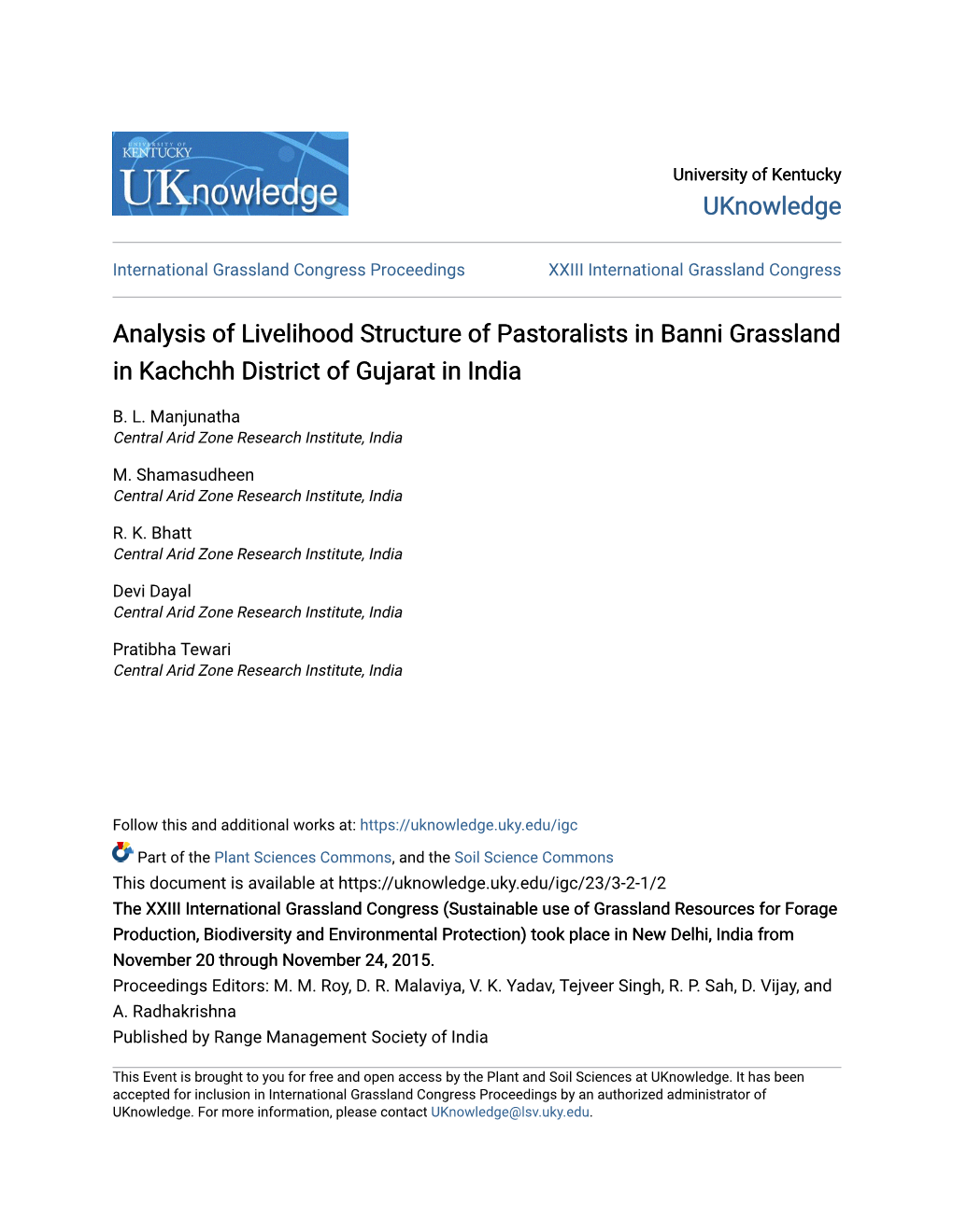 Analysis of Livelihood Structure of Pastoralists in Banni Grassland in Kachchh District of Gujarat in India