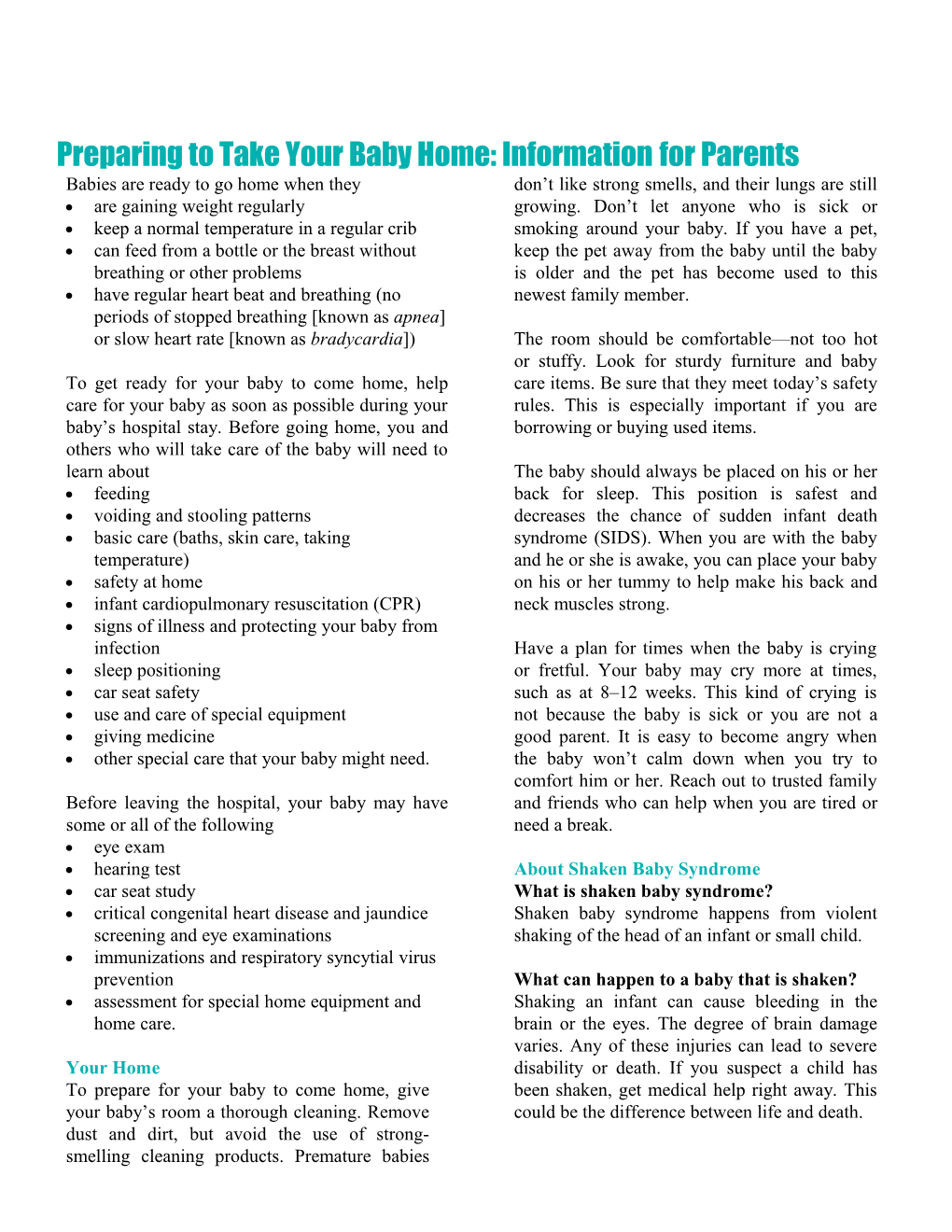 Preparing to Take Your Baby Home: Information for Parents