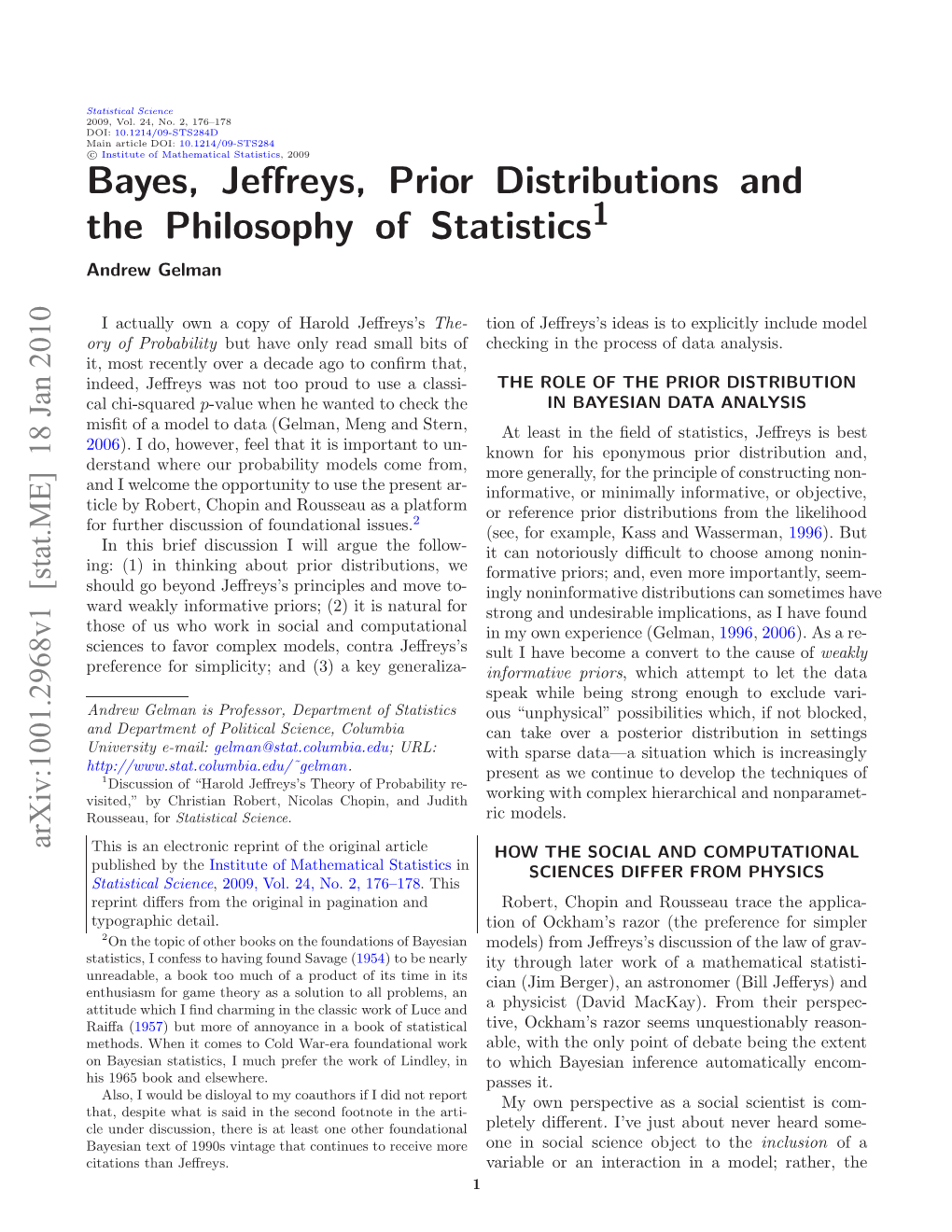 Bayes, Jeffreys, Prior Distributions and the Philosophy of Statistics