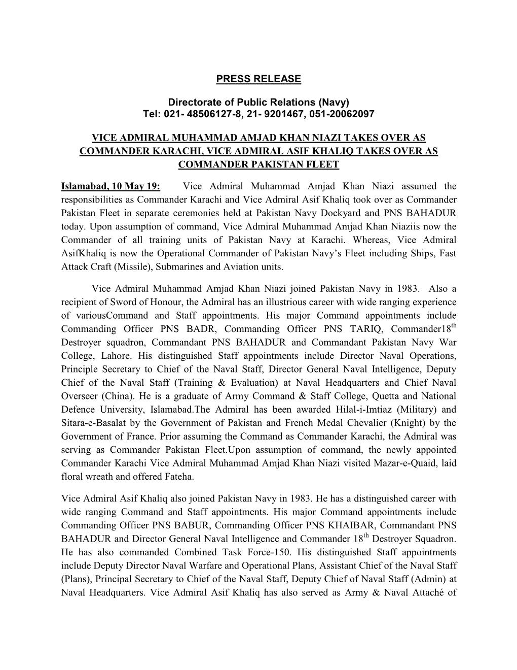 PRESS RELEASE Directorate of Public Relations