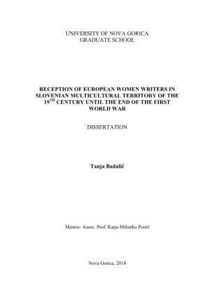 The Reception of European Female Authors in Slovenian Territory from the Beginning of the 19Th Century Until the End of World War I