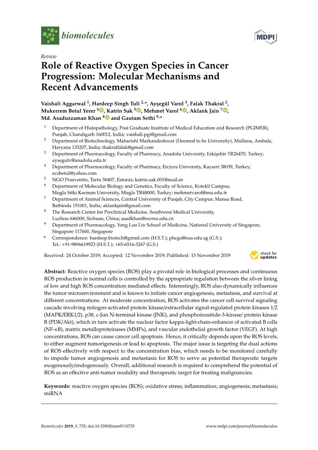 Role of Reactive Oxygen Species in Cancer Progression: Molecular Mechanisms and Recent Advancements