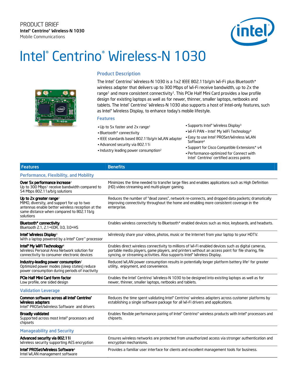 Intel Centrino Wireless-N 1030 Product Brief