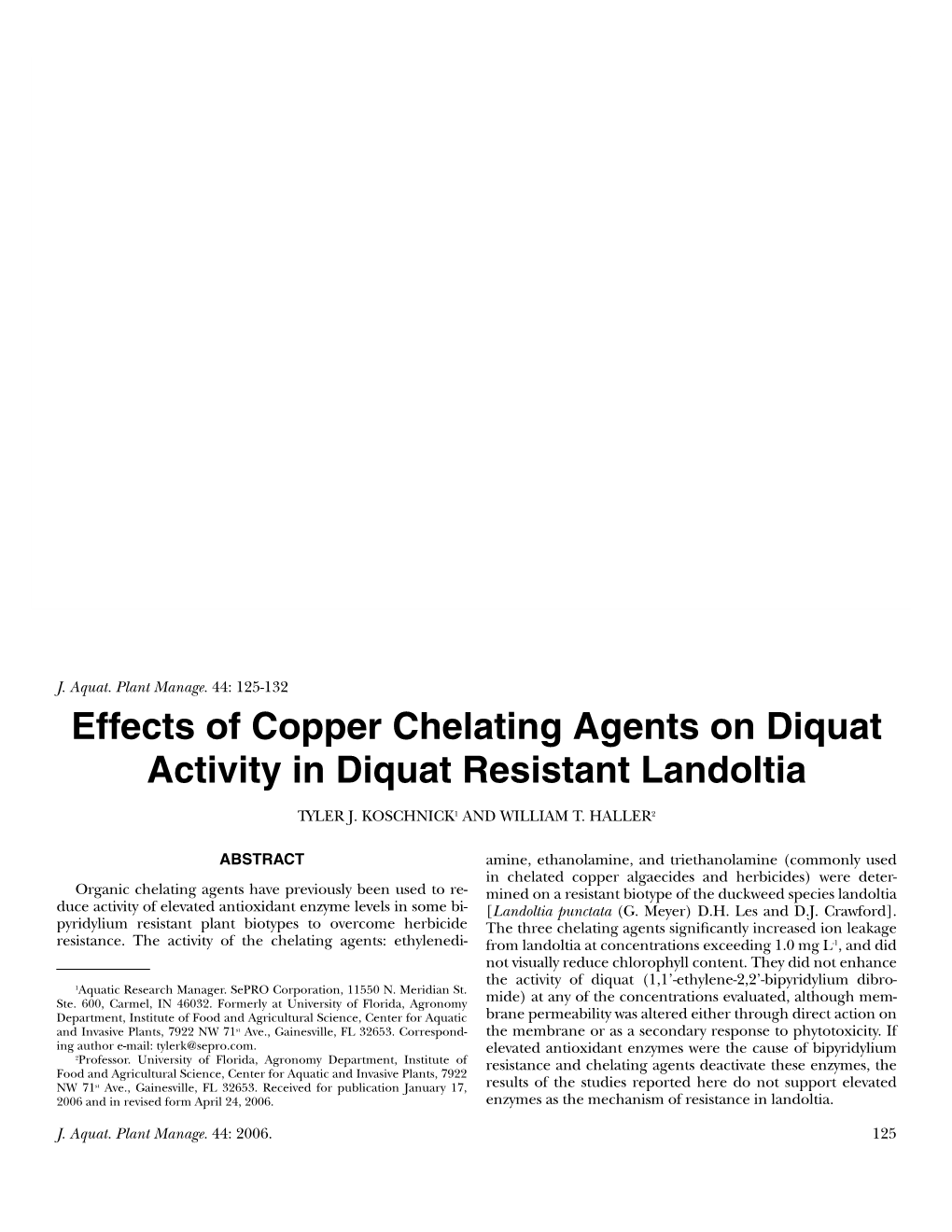 Effects of Copper Chelating Agents on Diquat Activity in Diquat Resistant Landoltia