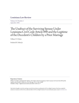 The Usufruct of the Surviving Spouse Under Louisiana Civil Code Article 890 and the Legitime of the Decedent's Children by a Prior Marriage, 55 La