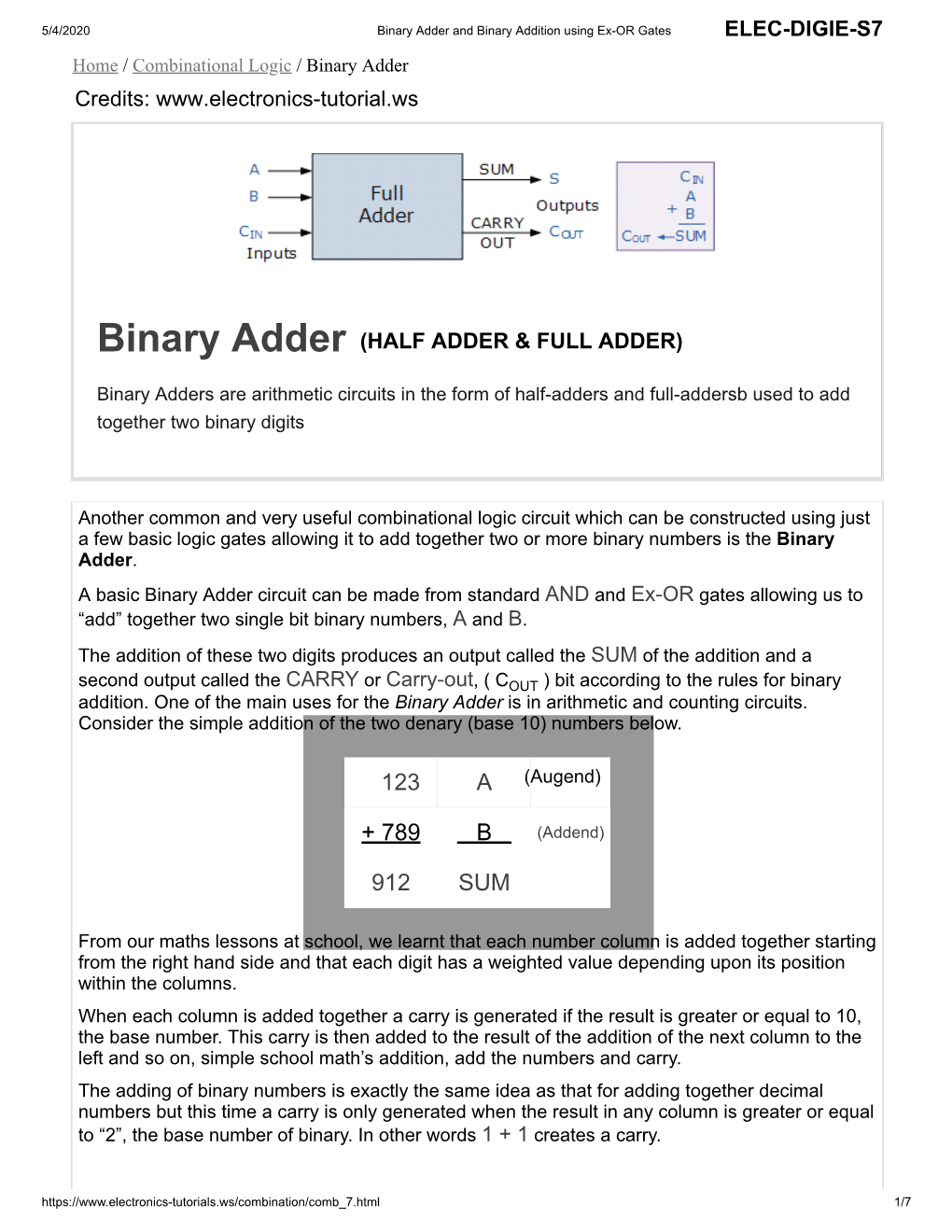 Binary Adder And Binary Addition Using Ex-OR Gates - DocsLib