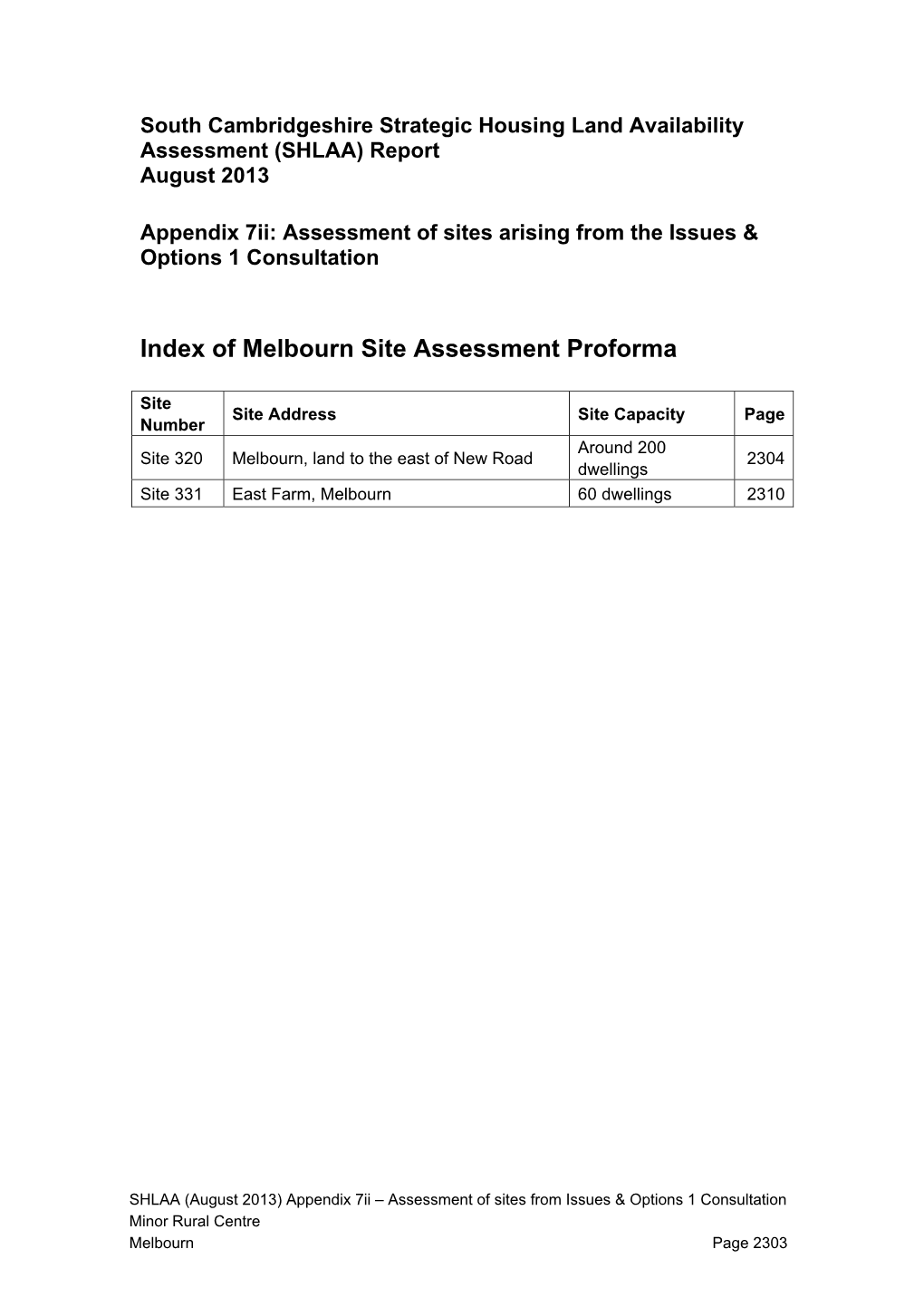 Melbourn Site Assessment Proforma