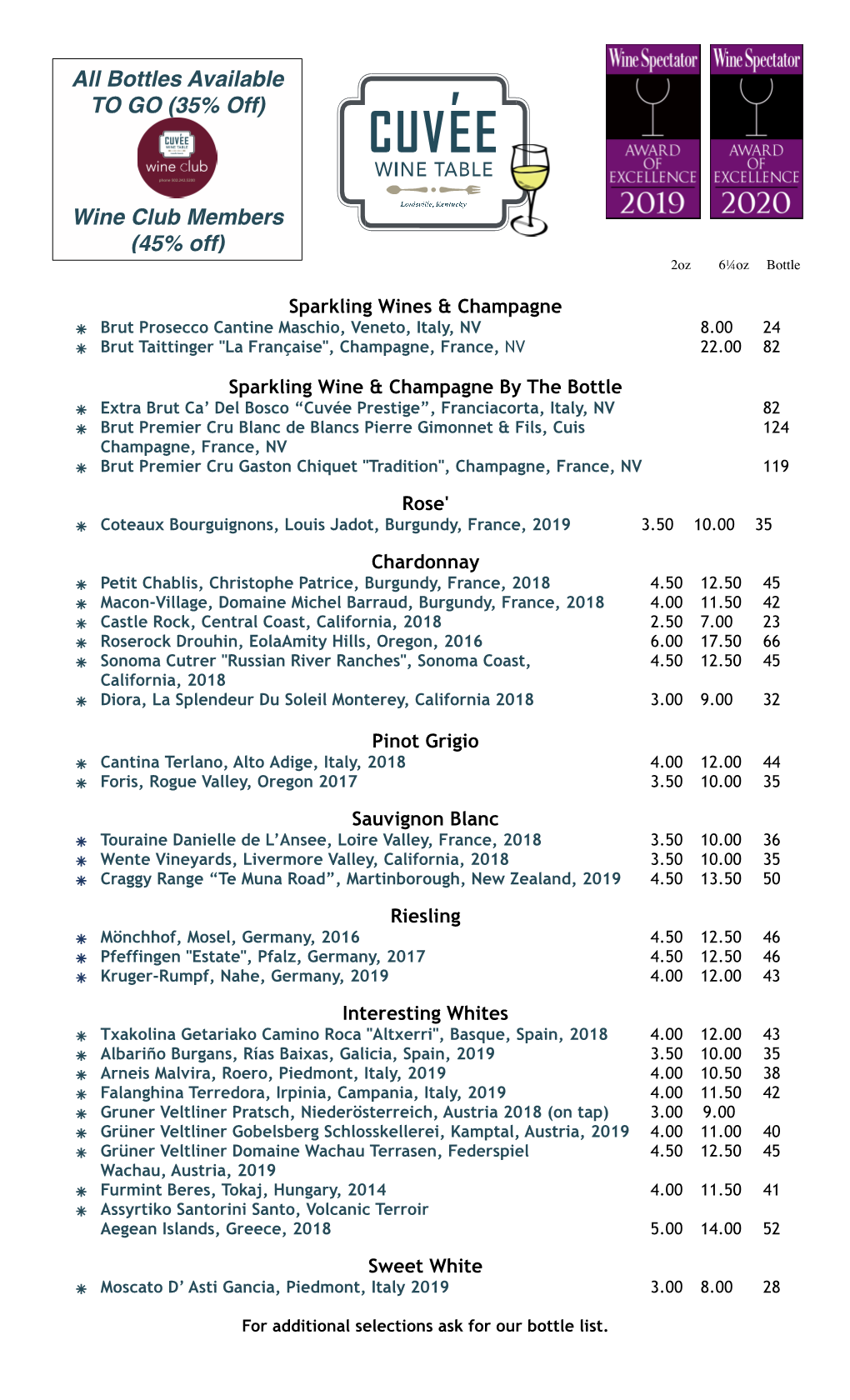 Cuvee Wine Table Wine List 11-23-20