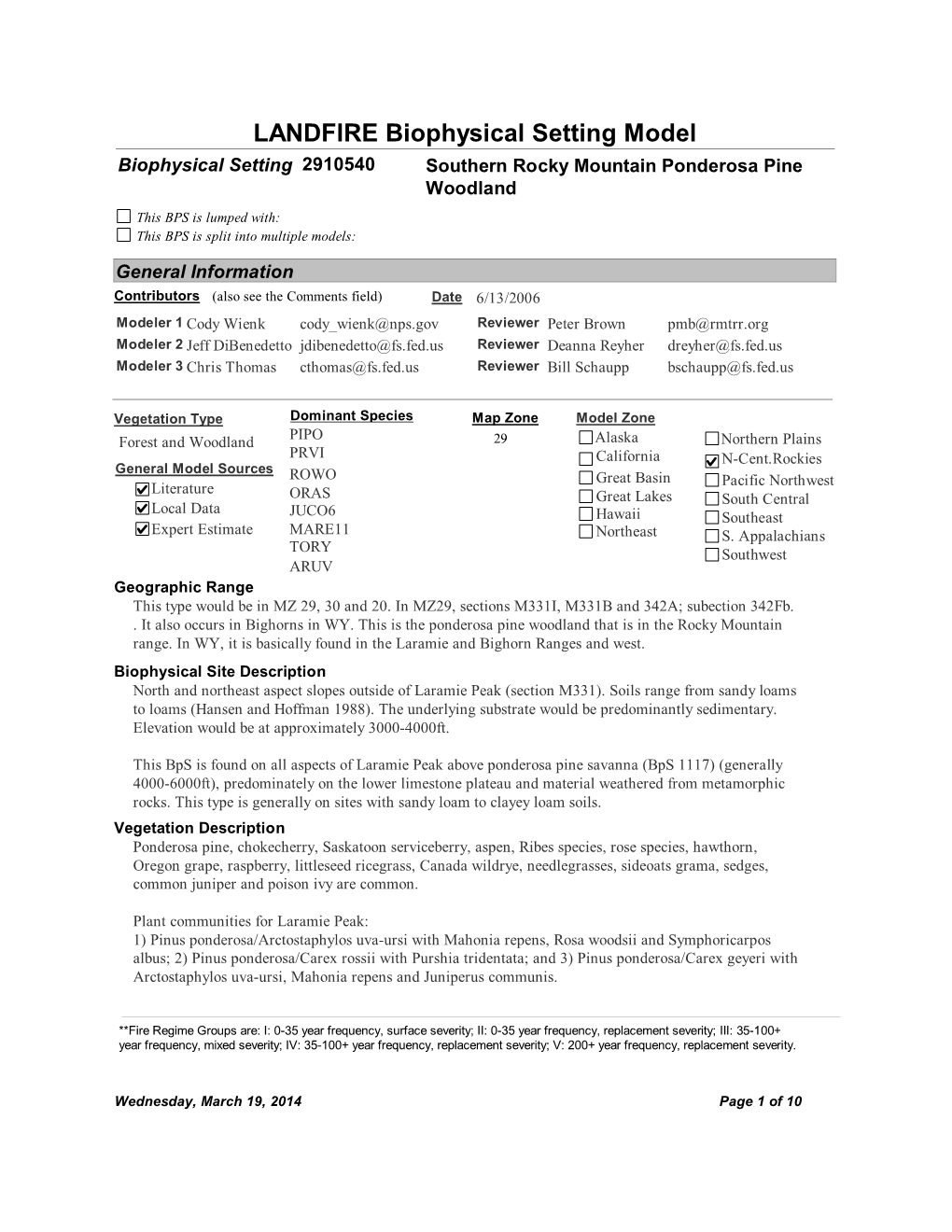 LANDFIRE Biophysical Setting Model