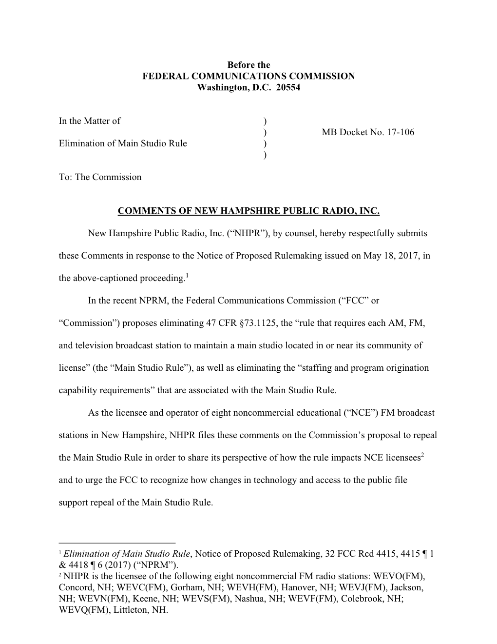 NHPR Comments on Elimination of Main Studio Rule.Pdf