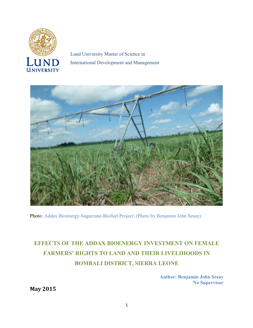 Effects of the Addax Bioenergy Investment on Female Farmers’ Rights to Land and Their Livelihoods in Bombali District, Sierra Leone