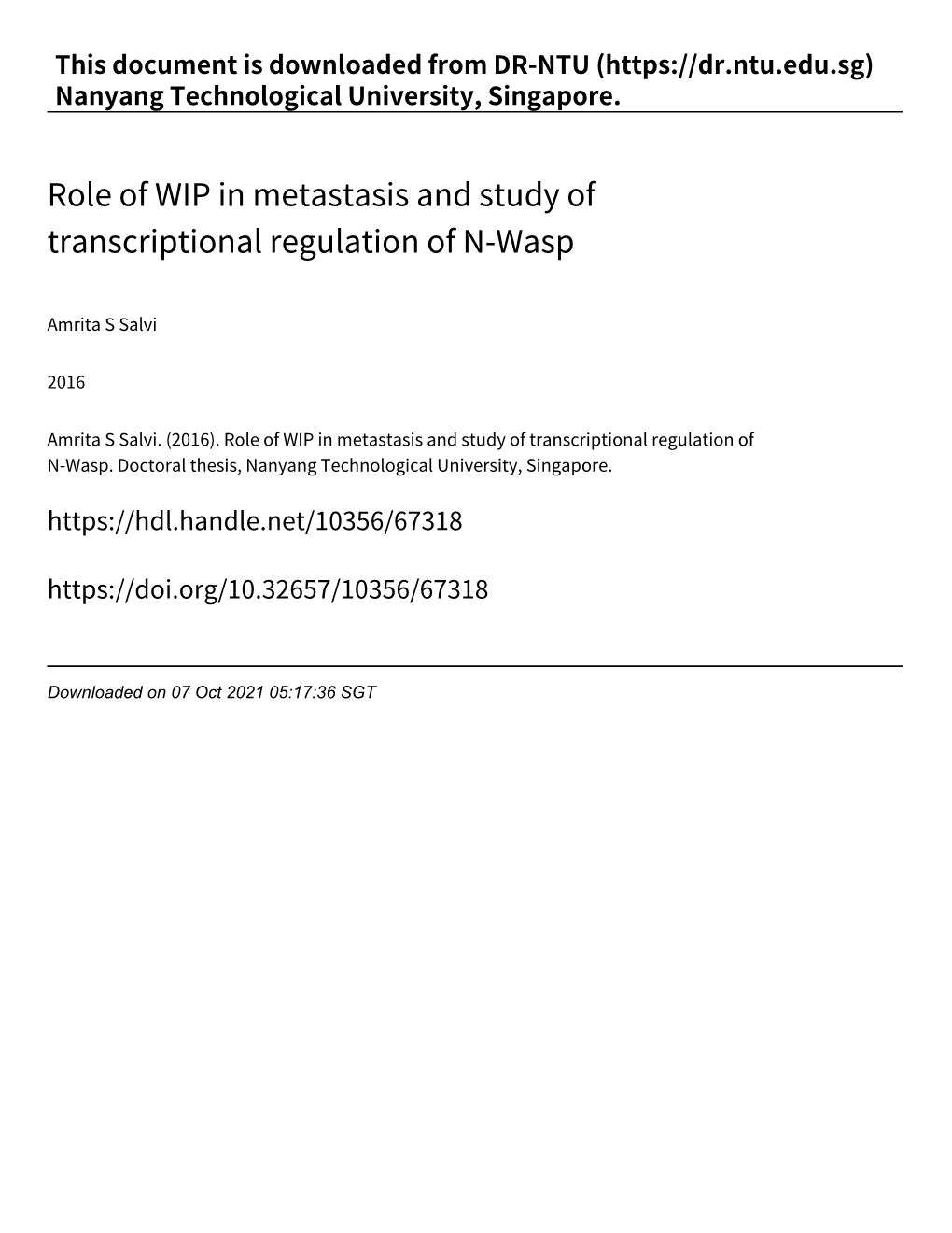 Role of WIP in Metastasis and Study of Transcriptional Regulation of N‑Wasp