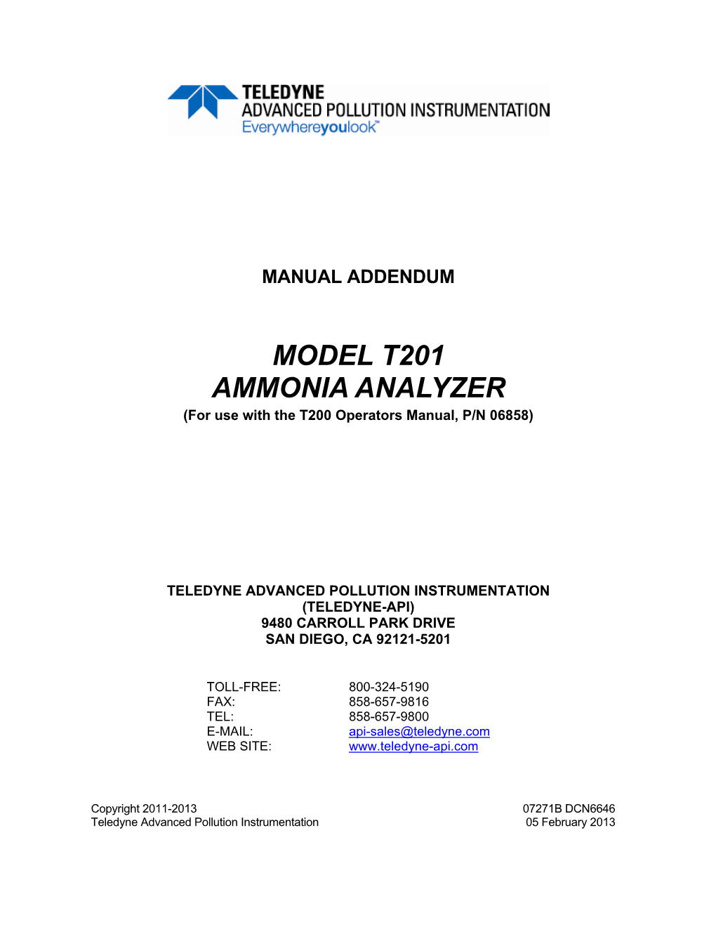 MODEL T201 AMMONIA ANALYZER (For Use with the T200 Operators Manual, P/N 06858)