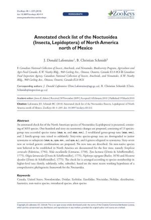 Annotated Check List of the Noctuoidea (Insecta, Lepidoptera) of North America North of Mexico