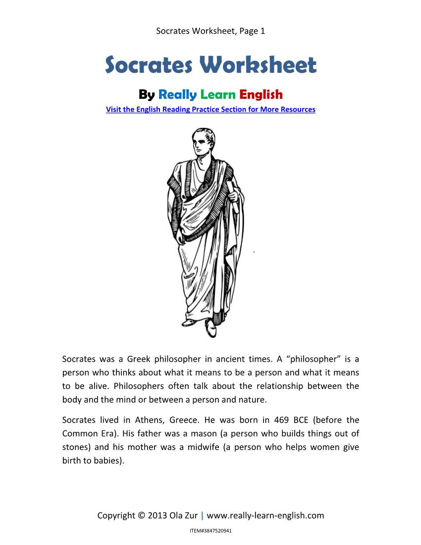 Socrates Worksheet, Page 1 Socrates Worksheet by Really Learn English Visit the English Reading Practice Section for More Resources