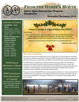 FROM the HORSE's MOUTH Spirit Open Equestrian Program Newsletter November/December 2015