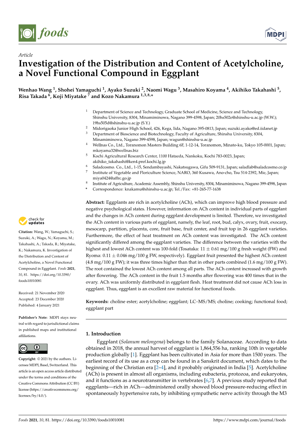 Investigation of the Distribution and Content of Acetylcholine, a Novel Functional Compound in Eggplant