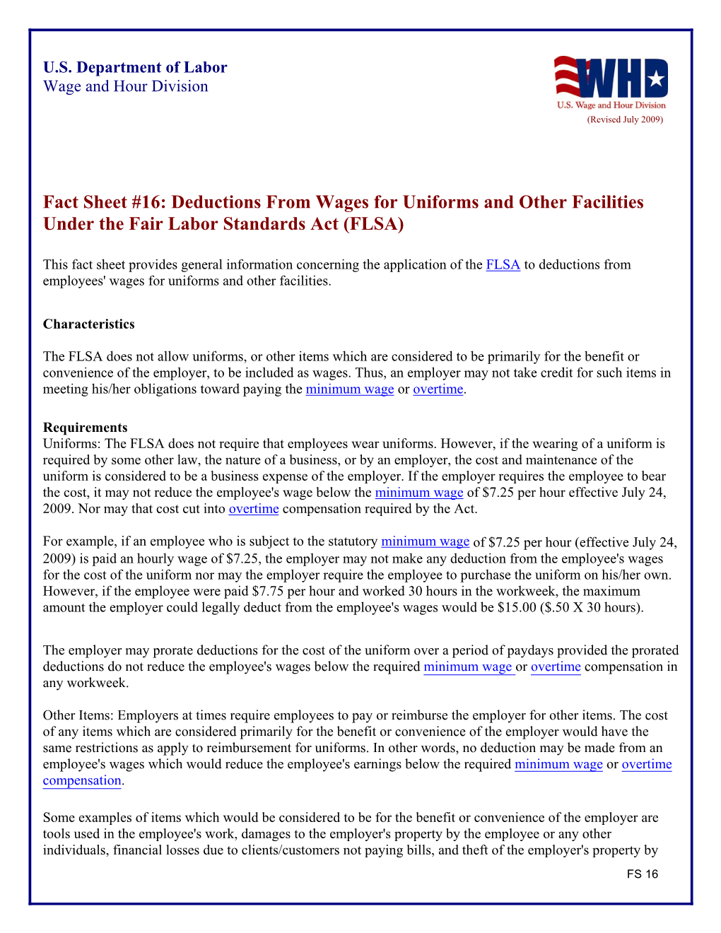 Deductions from Wages for Uniforms and Other Facilities Under the Fair Labor Standards Act (FLSA)