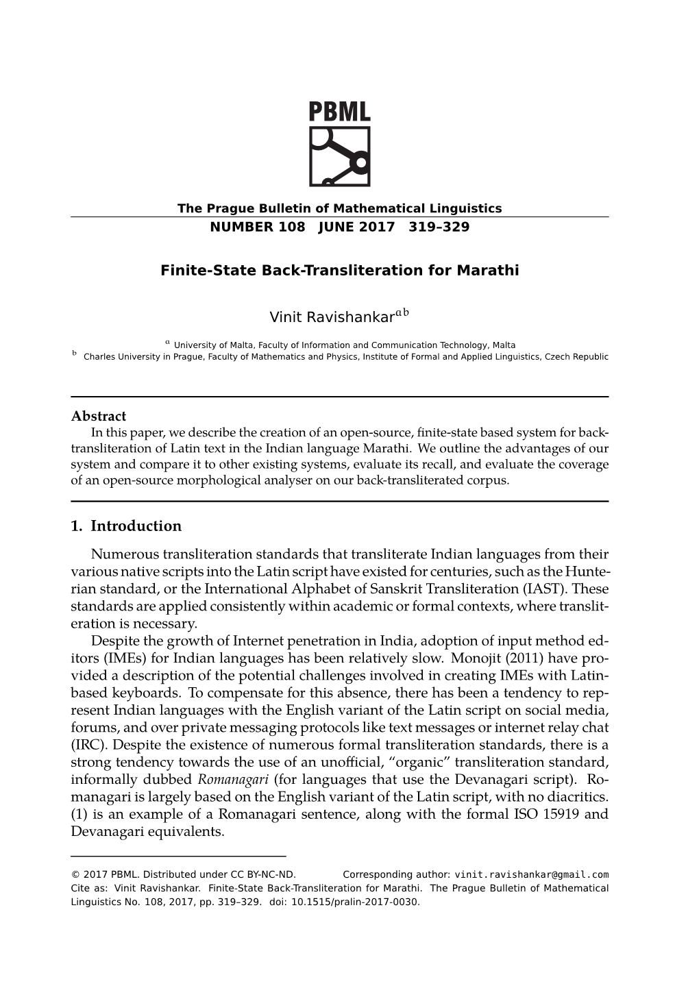 Finite-State Back-Transliteration for Marathi Vinit Ravishankarab