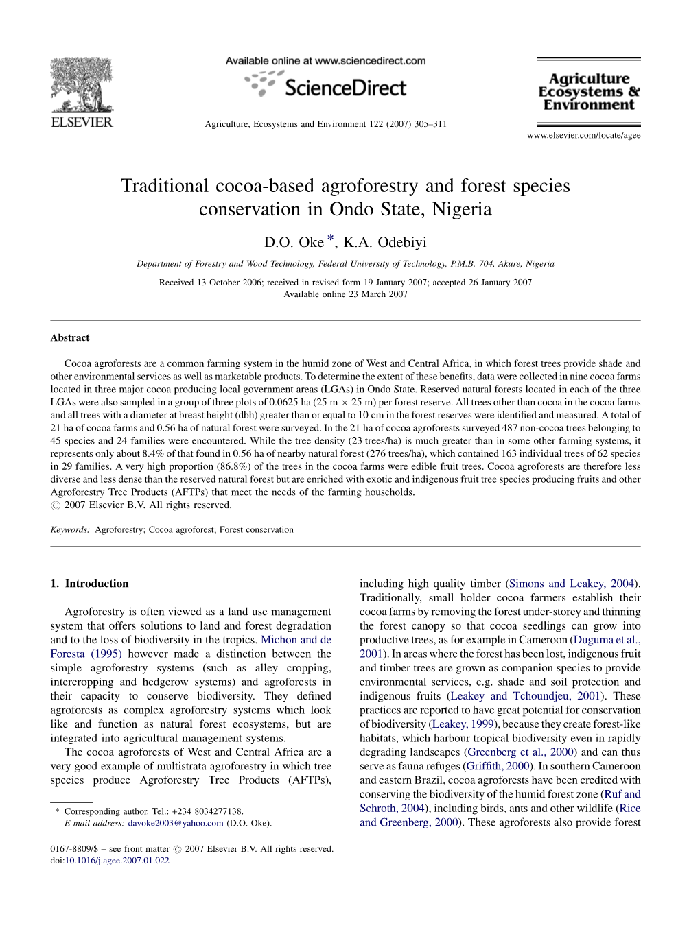 Traditional Cocoa-Based Agroforestry and Forest Species Conservation in Ondo State, Nigeria